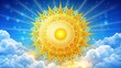 © Four888 - Vibrant yellow sun with intricate ray details and geometric patterns, set against a bright blue sky with fluffy white clouds in a stylish vector illustration.