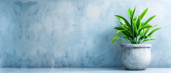 Wall Mural -  A potted plant sits before a blue wall, its background matching the hue