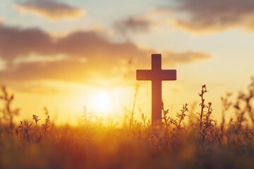 Good Friday. Friday before Easter. Christian cross against the sunset with generative ai