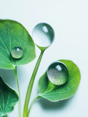 Poster - Two drops of water on a leaf, one of which is reflecting the other