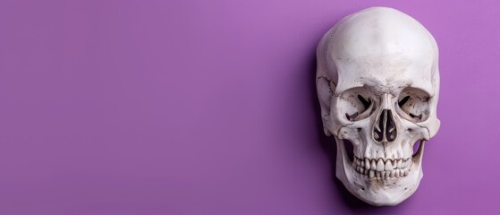  A skull mounted on a purple wall with a smaller black-and-white skull centered in its eye sockets