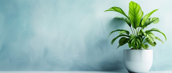 Canvas Print -  A potted plant atop a white table, beside a blue wall, houses a green, leafy plant