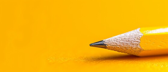 Wall Mural -  A yellow pencil, close-up, atop a yellow surface dotted with water drops, on its tip