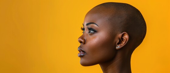 Wall Mural - Portrait of a beautiful young woman with a shaved head on a vibrant yellow background. Free copy space for text.