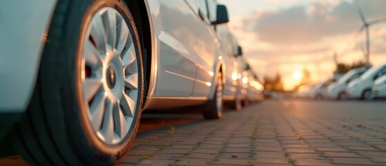 Canvas Print -  A row of parked cars aligns on a parking lot as the sun sets in the background