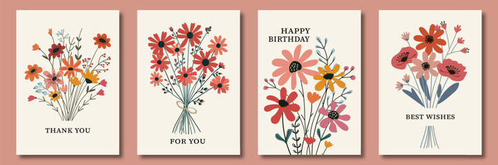 a charming set of cards with bouquets of flowers in a minimalist style. each card has a simple and h