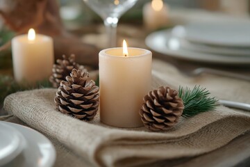 Wall Mural - Candle centerpiece with pinecones on a linen napkin, rustic Scandinavian Christmas table decor, warm and cozy holiday setting, natural materials, minimalist elegance, selective focus

