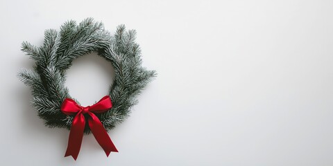 Wall Mural - Minimalistic Christmas wreath with a red ribbon on a white background,  simple and elegant holiday decoration, natural materials, copy space, selective focus

