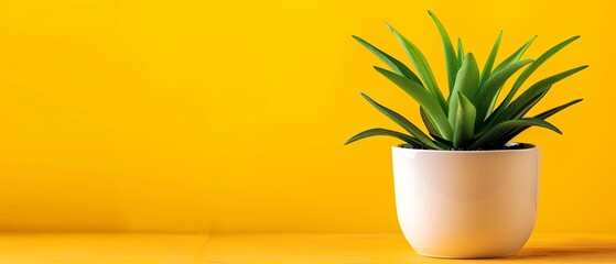 Canvas Print -  A potted plant atop a wooden table, near a yellow wall