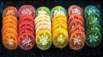 Sticker -   A tomato array sits on a dark platter with sprinkles added