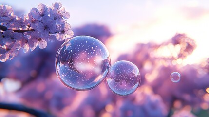 Poster -   A few bubbles bob alongside a blooming tree branch, framing a bright blue sky