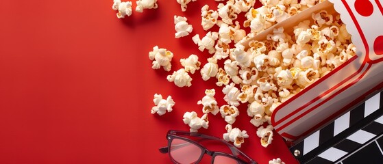 Wall Mural -  A red background features a checkered tablecloth, a box of popcorn, and a pair of glasses