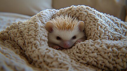 Wall Mural -   A hedgehog wrapped in a blanket on top of a bed with a white blanket covering its face