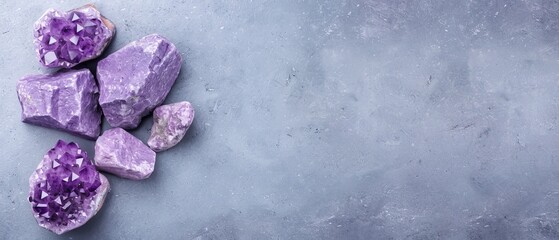 Wall Mural -  A pile of purple rocks sits atop a gray table Nearby, a purple and white object rests on another gray surface