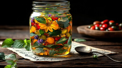 Wall Mural -   A bowl of strawberries sits beside a jar holding flowers and leaves on a wooden table