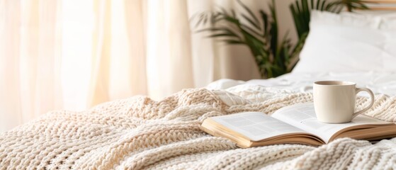 Wall Mural -  A book open on a bed, a cup of coffee atop it White comforter and pillows surrounding