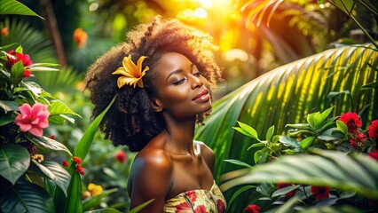 Warm sunlight glistens on dark skin tones as a serene individual basks in the golden glow, surrounded by lush green foliage and vibrant tropical flowers.