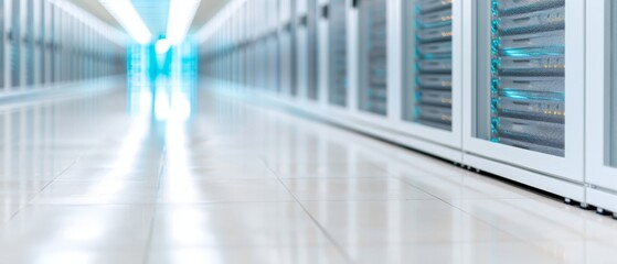 Poster -  A hallway in a data center, lined with server rows, ends with a solitary blue light glowing atop one row