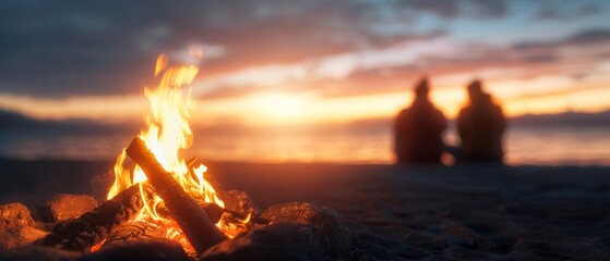  Close-up of a campfire on the shore, two people seated, gazing at sunset in the distance