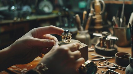 Wall Mural -  Closeup of a jeweler's hands setting a blue sapphire gemstone in a ring setting