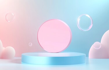 Canvas Print - Abstract blue and pink platform for product display with floating bubbles.