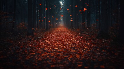 Sticker -   In the midst of a dense woodland, a path strewn with fallen foliage leads to an illuminated endpoint