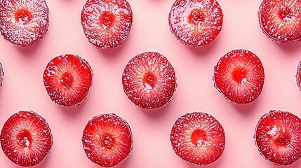 Poster -   A cluster of red berries perched atop a pale background, adorned with droplets of moisture