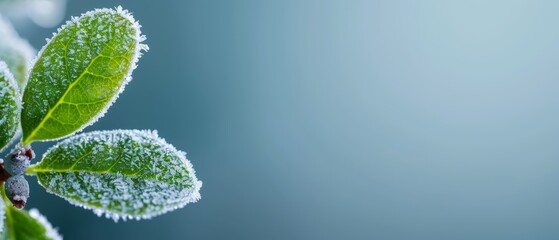  A tight shot of a frosted green leaf against a backdrop of a blue sky