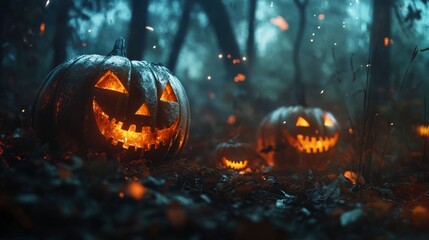 Halloween pumpkins in the forest at night.Halloween background with Evil Pumpkin. Spooky scary dark Night forrest. Holiday event halloween banner background concept with generative ai