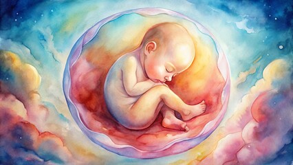 Whimsical watercolor artwork of a fetus in the womb, surrounded by soft, dreamy hues and delicate lines, capturing the magic of life's earliest stages.