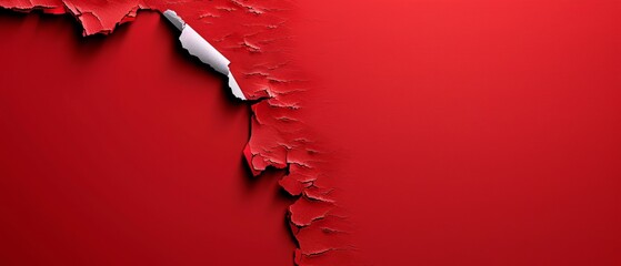 Wall Mural -  A red backdrop featuring a cracked wall divide, encircled by a white stripe of paper