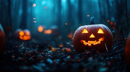 Halloween pumpkins in the forest at night.Halloween background with Evil Pumpkin. Spooky scary dark Night forrest. Holiday event halloween banner background concept with generative ai