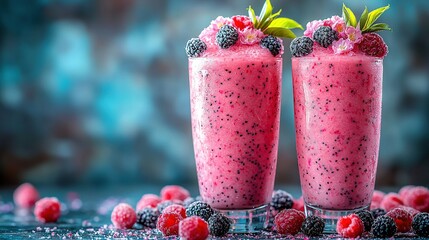 Wall Mural -   Two glasses of raspberry smoothie on a table with raspberries and blackberries adjacent