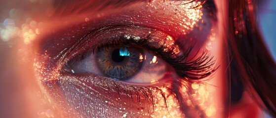 Wall Mural - Macro shot of a woman's eye with long eyelashes and glittery makeup.