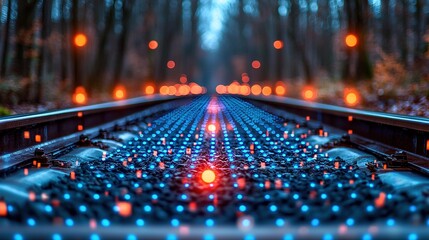 Canvas Print -   A train moving through a dark forest, illuminated by an array of red and blue lights during nighttime hours