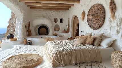 Poster -   A clean bedroom featuring a cozy bed, woven baskets adorning the walls, and a charming fireplace in the corner