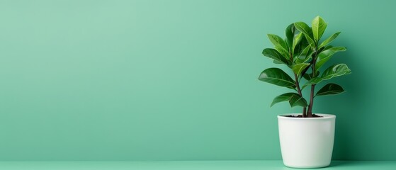 Wall Mural -  A potted plant in a white vase on a green surface Behind it, a green wall