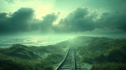 Poster -   Train track next to large body of water under cloudy sky