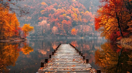 Poster -   Wooden dock nestled amidst trees, orange and yellow leaves rustling in the breeze, tranquil body of water shimmering behind