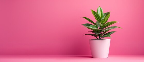 Wall Mural -  A green plant in a white pot on a pink surface Behind it, two pink walls