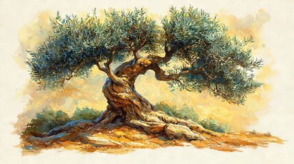 Poster -   A stunning painting of an olive tree perched atop a rocky outcropping, set against a serene yellow sky on a sunny day