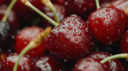 Poster -   A detailed image of cherries with water droplets above and below them