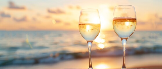  Two champagne glasses on a table face the expansive ocean view A boat dots the water in the background