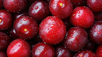 Poster -   A high-resolution image of cherries, with water droplets on both the top and bottom