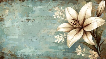 Poster -   A white flower on a blue and brown canvas with space for text or image