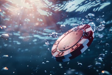 Wall Mural - A gambling chips symbolizing creative thinking as it sinks underwater, surrounded by bubbles. The floating bubbles add a visual accent