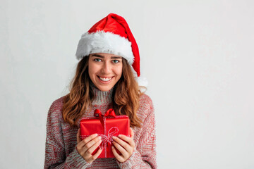 Young woman wearing a Santa hat holding a beautifully wrapped red gift, smiling cheerfully against a plain background during the holiday season