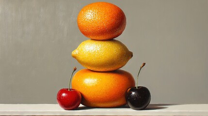 Poster -  Oranges, cherries, & cherries stacked