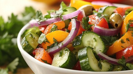 Poster -   A white bowl brimming with cucumber, pepper, onion, and cilantro rests atop a wooden table