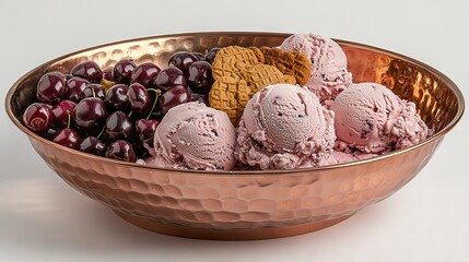 Poster -   A white table holds an ice cream-filled bowl and cherries as toppings Nearby is a bowl of cookies